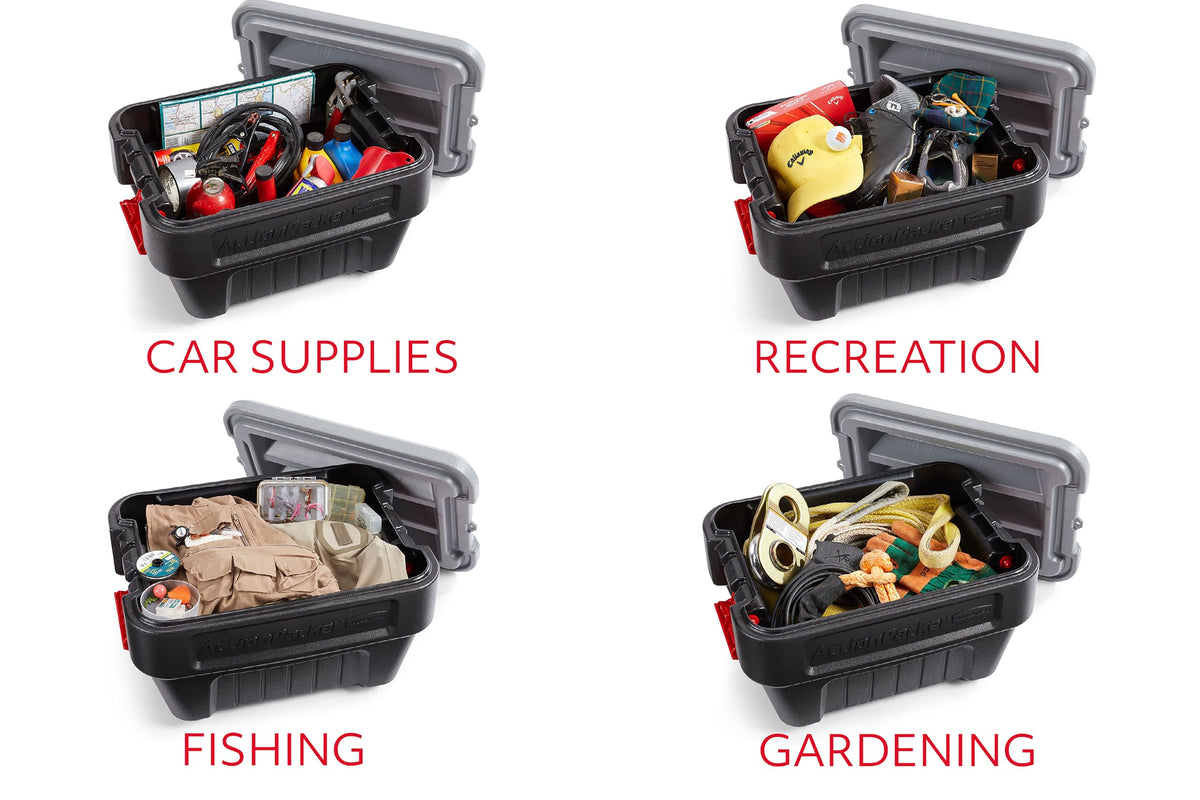 Rubbermaid® ActionPacker®️ 8 Gal Lockable Storage Box Pack of 4, Outdoor, Industrial, Rugged, Grey and Black