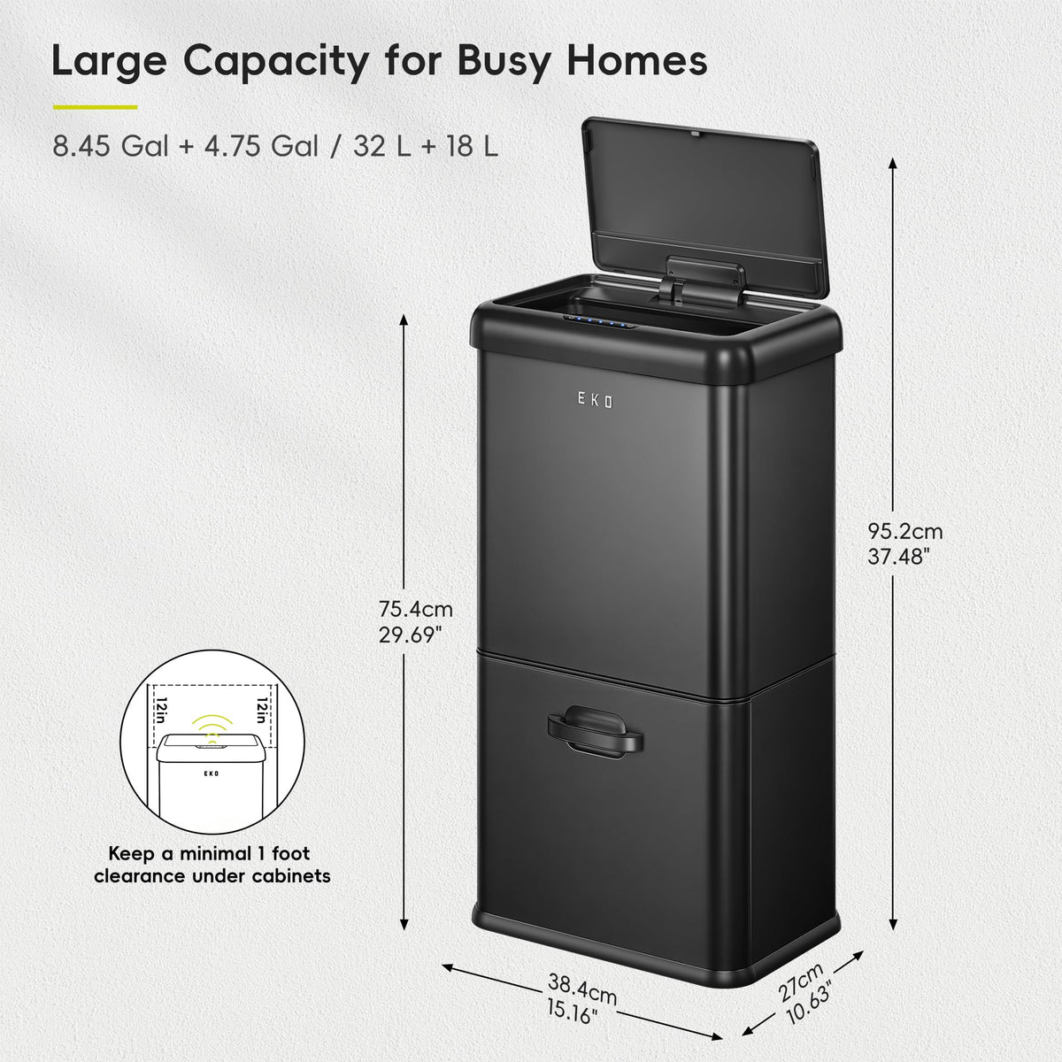 EKO Vintage 50L / 13.2 Gallon Motion Sensor Trash Can, Dual Compartment 32L + 18L Stainless Steel Kitchen Garbage Bin, Touchless Automatic Waste & Recycling Bin with Lid for Home Office, Matte Black