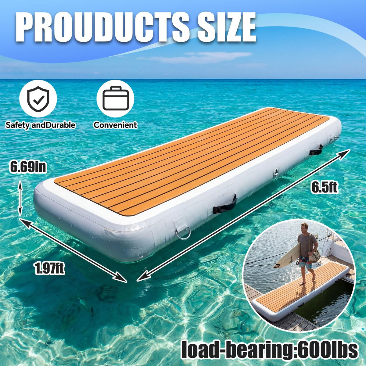 Teyva Daily Inflatable Gangway for Boats and Yachts, 6.56 ft Gangway for Boat Dock, Portable, Durable PVC, Non-Slip Surface, Stainless Steel D-Rings, for Sport Yacht Dock Water Platform