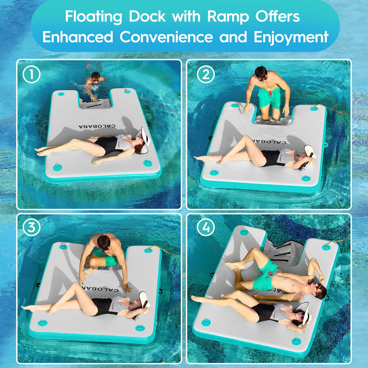 CALOBANA 8ft×6ft Inflatable Floating Dock with Dog Ramp, Float Island with Boat Ramp for Adults & Pets, Heavy Duty Lake Dog Raft Dock Platform with Ladder for Sea or River,Party,Grey+Mint Green