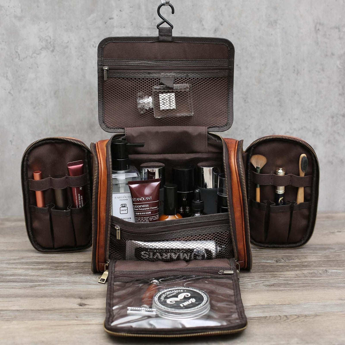 RC ROCKCOW Toiletry Bag For Men, Genuine Leather Toiletries Organizer, Large Travel Hanging Toiletry Bag Water-resistant Bathroom Shaving Kit for Cosmetics, Makeup Case Travel Dopp Kit