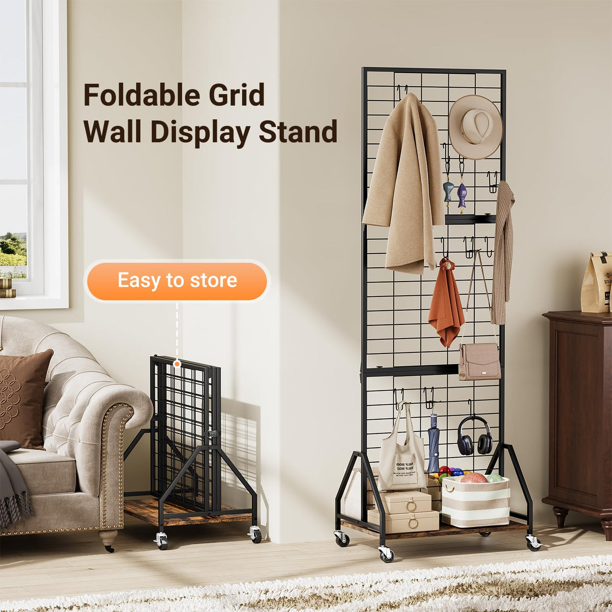 ELYKEN 2 Pack Foldable Grid Wall Panels 5.7' x 2' FT, Movable Wire Gridwall Display Rack with Wheels and Adjustable Foots, Retail Display Stand for Vendor with Storage (Rustic Brown)