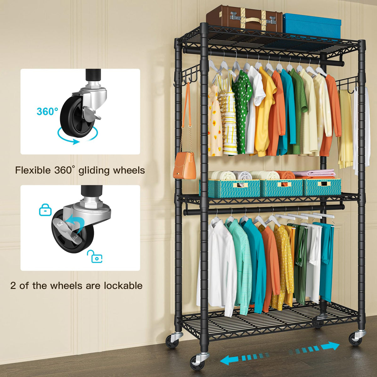FUTASSI P1 and P1C Black Garment Rack Bundle, Rolling Closet Rack with Wheels, Metal Garment Rack for Hanging Clothes, Clothing Storage Wardrobe, Load 450 Pounds