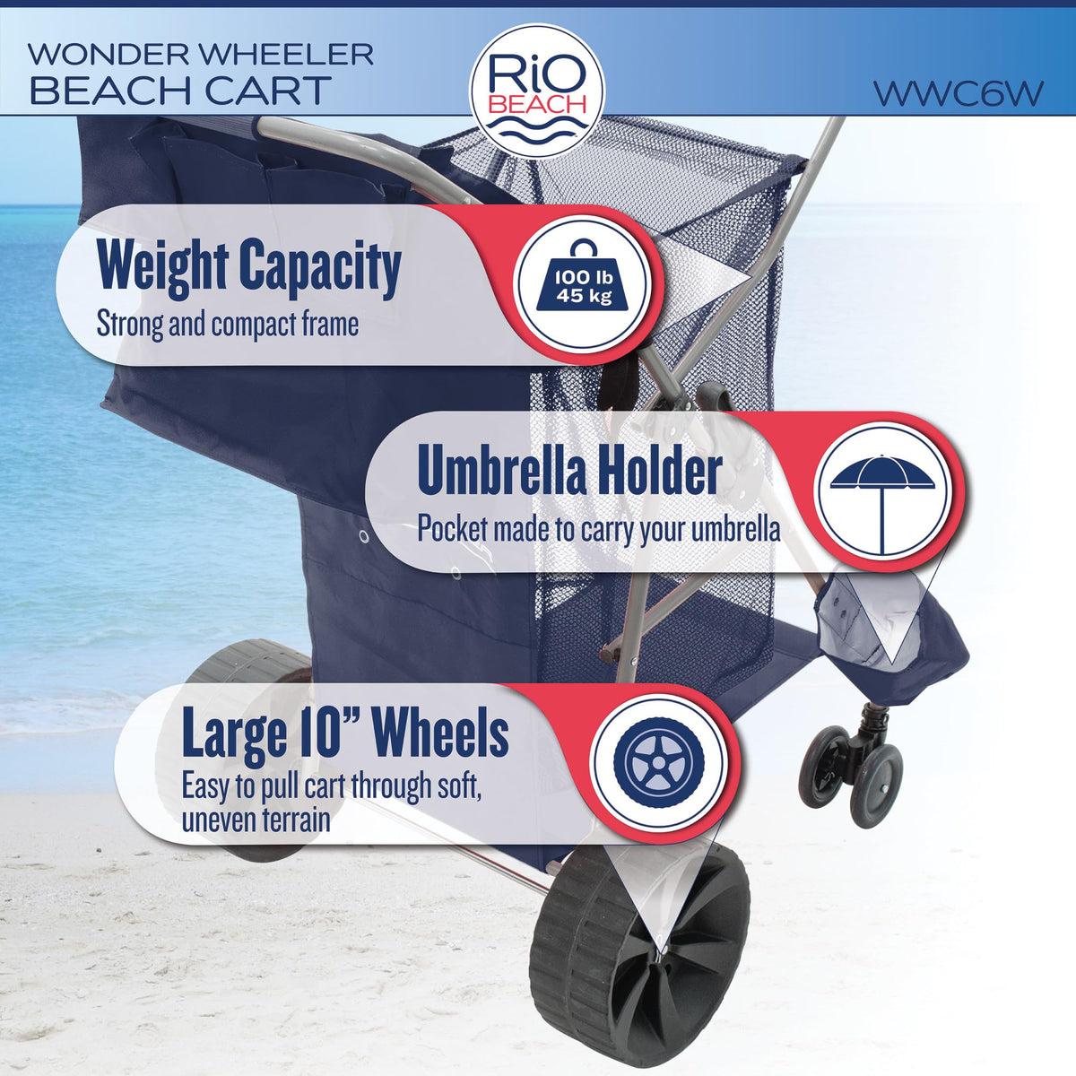 Rio Beach Wonder Wheeler Deluxe Utility, Lawn, and Beach Foldable Cart, Blue Print