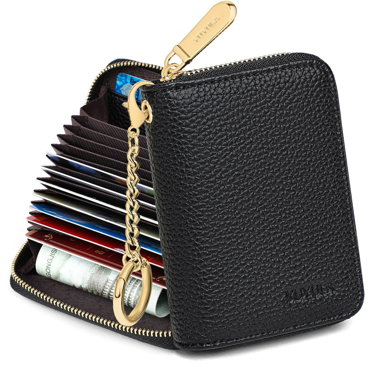 YUYULA Lether Women Credit Card Wallet, Zipper Business Card Holder for Women, RFID Blocking, KeyChain Wallet (Black)
