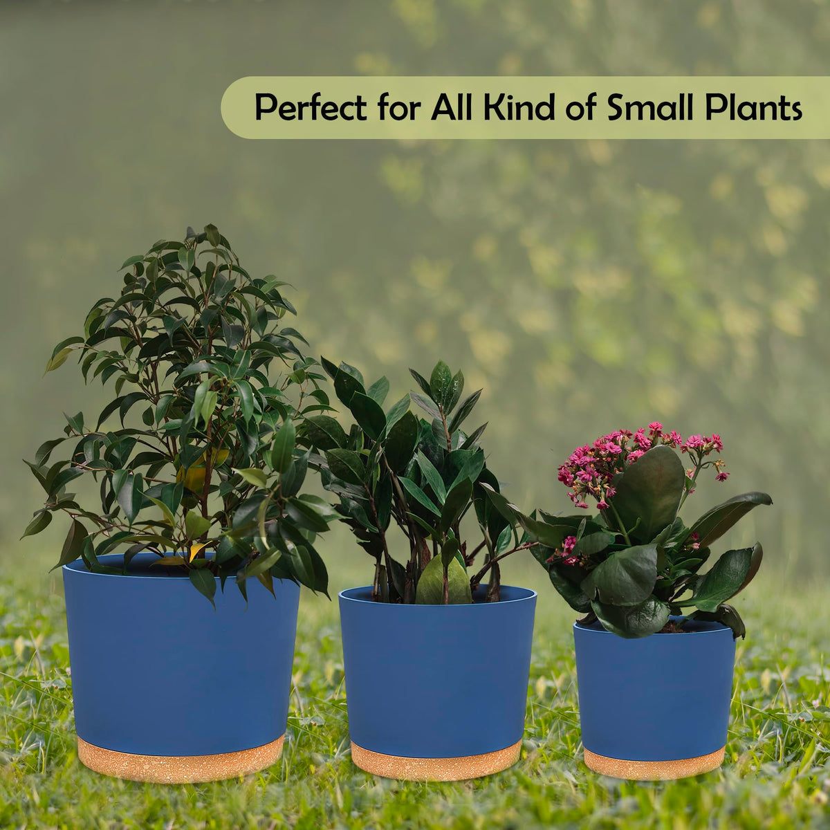 RUBBER BOND Plastic Plant Pots 3 Pack - Modern Indoor/Outdoor Planters for Home Decor - Weather-Resistant Flower Pots - Ideal for Stylish Garden and Patio Decor (Blue Round)