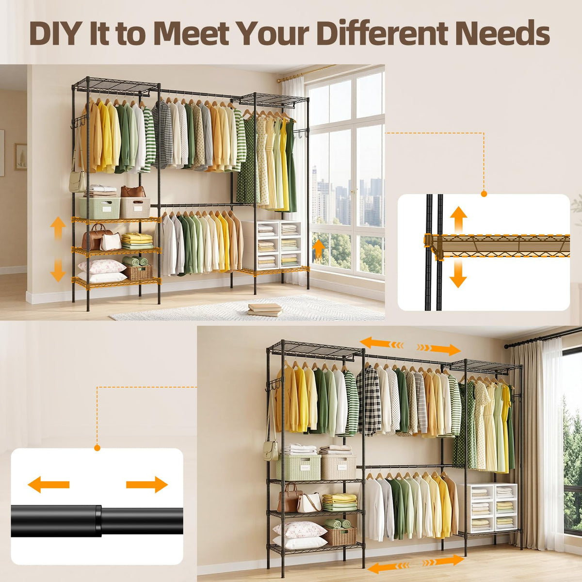 UEAKPIC Heavy Duty Wire Garment Clothes Rack, Adjustable Freestanding Expandable Clothing Rack with 4 Hanging Rods, 15.7" D x (70.9"-90.6") W x 76.8" H, Max Load 1000lbs, Black