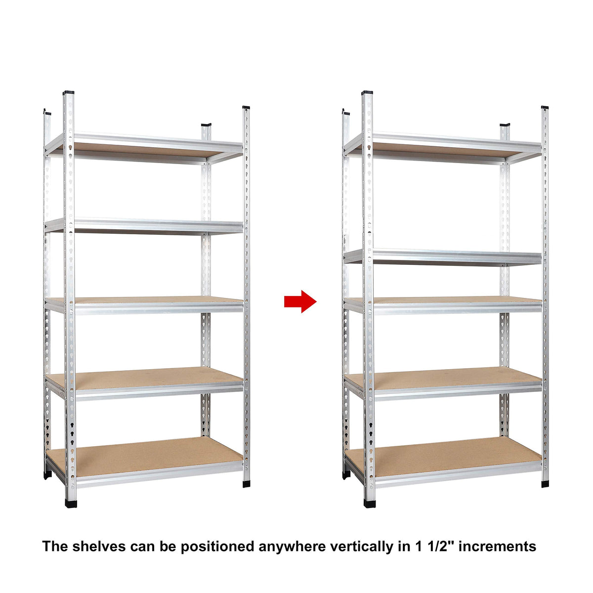 Amazon Basics 5-Tier Medium Duty Storage Shelving, Garage Storage Rack, Double Post Press Board Shelf, Adjustable, Easy Assembly, Space-Saving, Aluminum, 48" x 18" x 72"