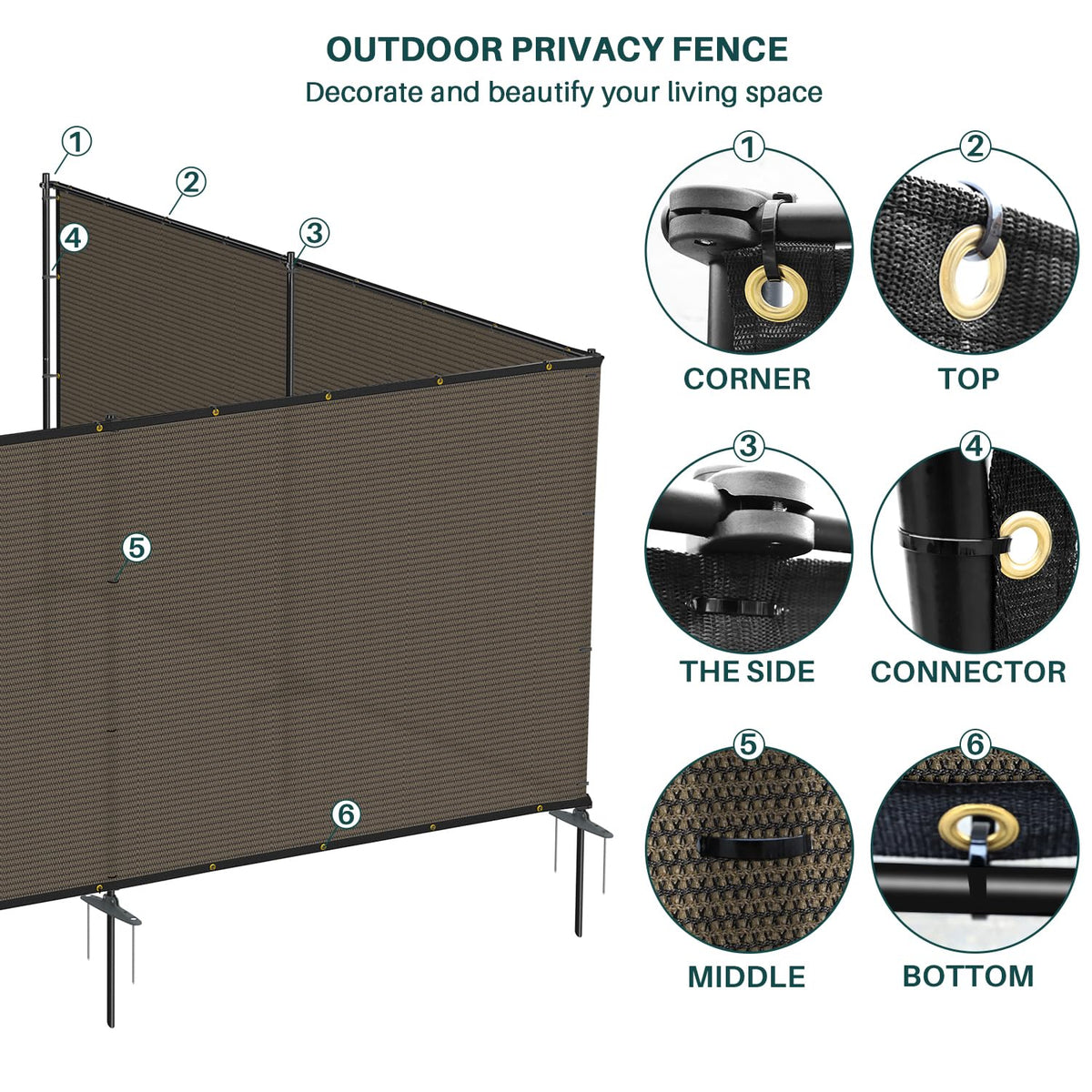 Bynbbur 5'x24' Outdoor Privacy Screen Freestanding with Iron Poles and Stakes, Temporary Dog Fencing, Backyard Divider, Metal Garden Fence for Pool Patio Barrier Border, Brown