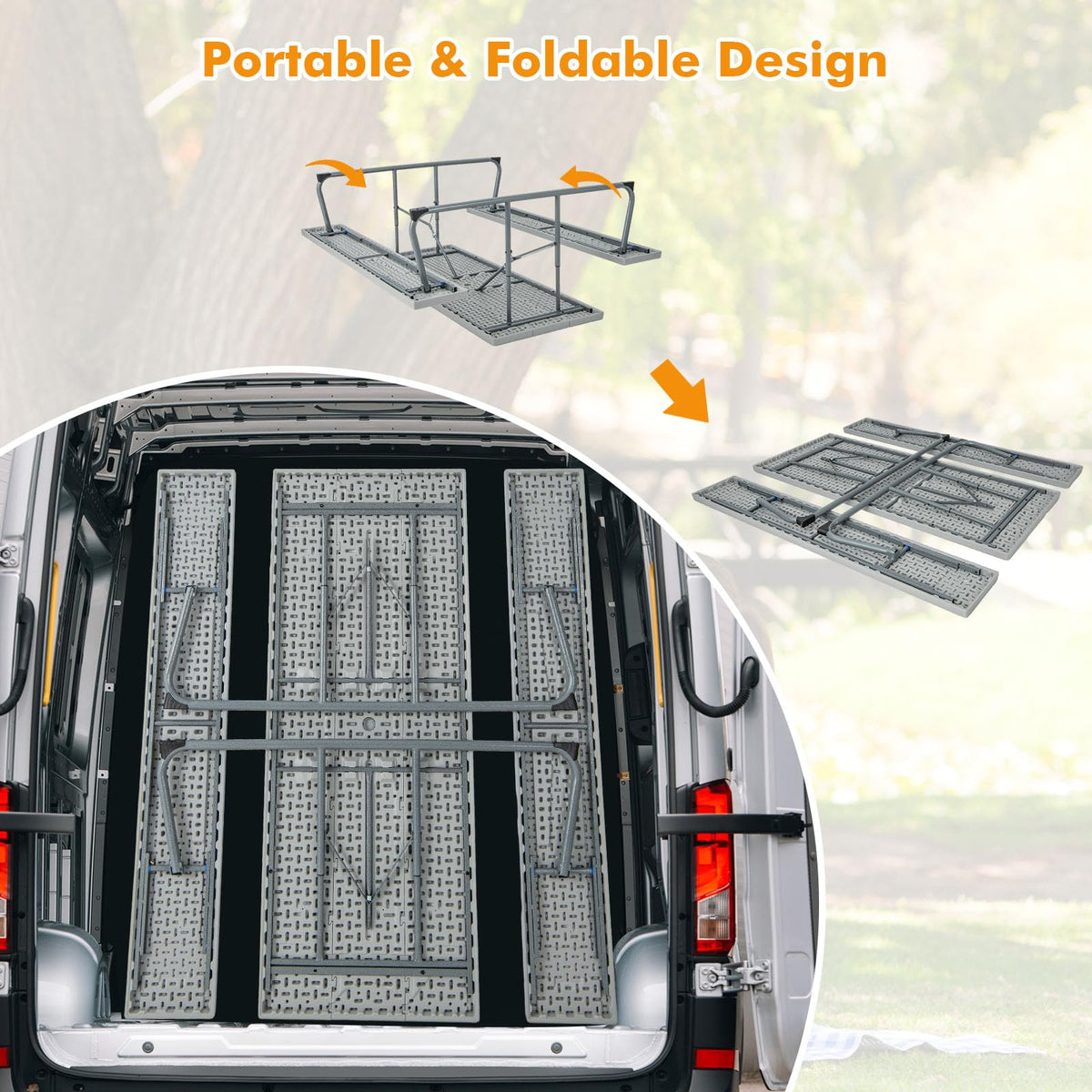Tangkula 6 Ft Folding Picnic Table, Outdoor 8 Person Large Picnic Table Set with 2 Built-in Benches, Umbrella Hole, Metal Frame & HDPE Tabletop for Garden, Backyard (Grey)