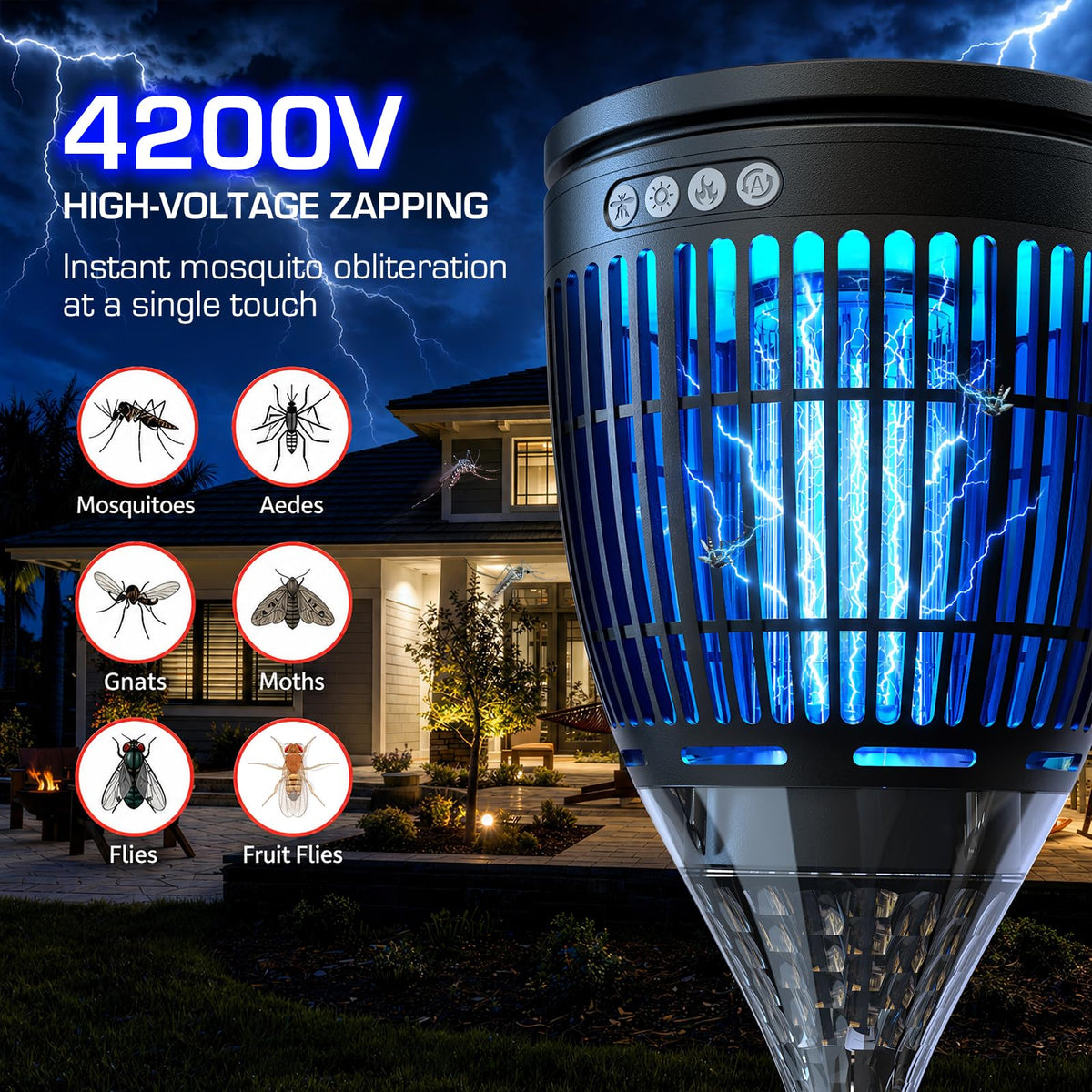 Solar Bug Zapper Outdoor, Mosquito Zapper with Flame & Projector Light Cordless Waterproof, Auto On/Off, Mosquito Trap Solar Powered, 4200V Electric Fly Zapper Killer for Patio Yard Camping Garden