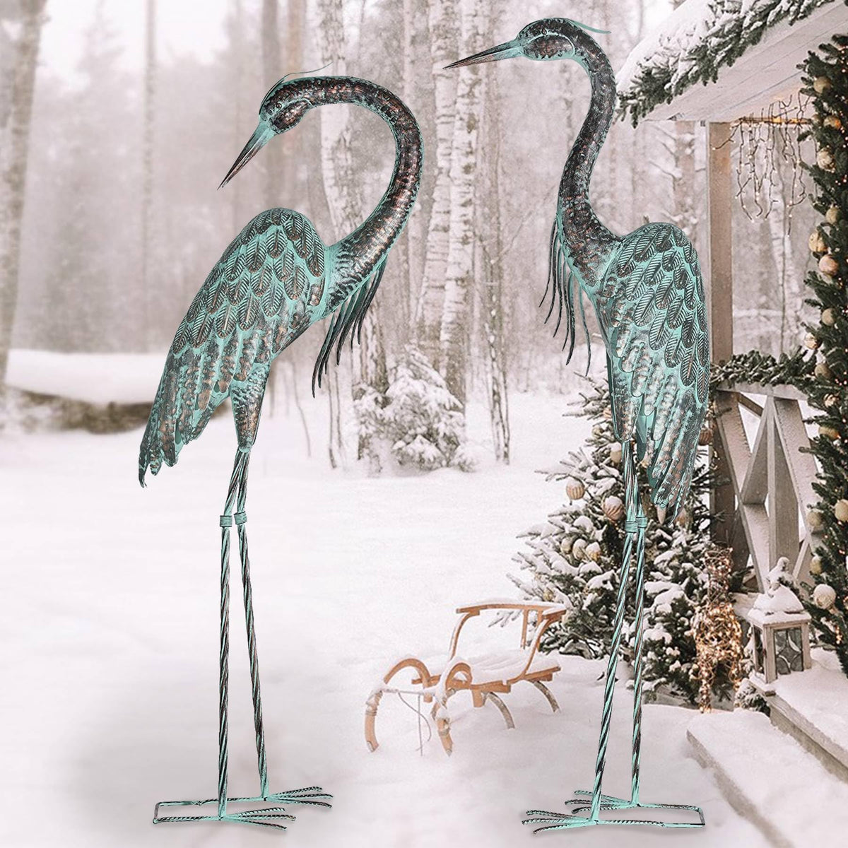 Kircust Garden Crane Statues, Standing Metal Patina Heron Decoy Outdoor Statue, 42-46 Inch Bird Yard Art for Patio Lawn Pond, Set of 2