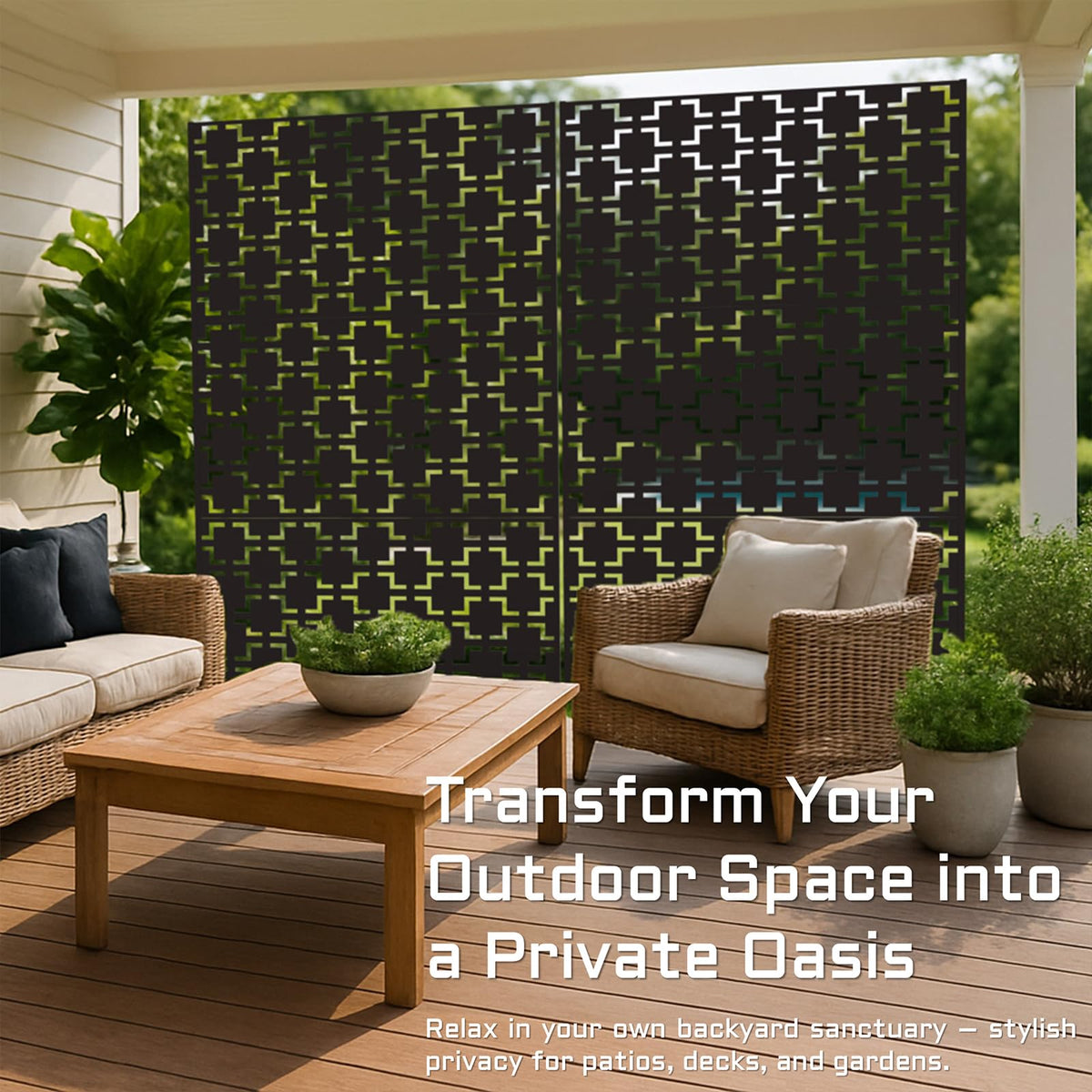 72" Metal Privacy Screen Freestanding Outdoor Room Divider Decorative Laser Cut Fence Panel, Weatherproof Patio Privacy Fence for Garden, Balcony, Backyard Landscape