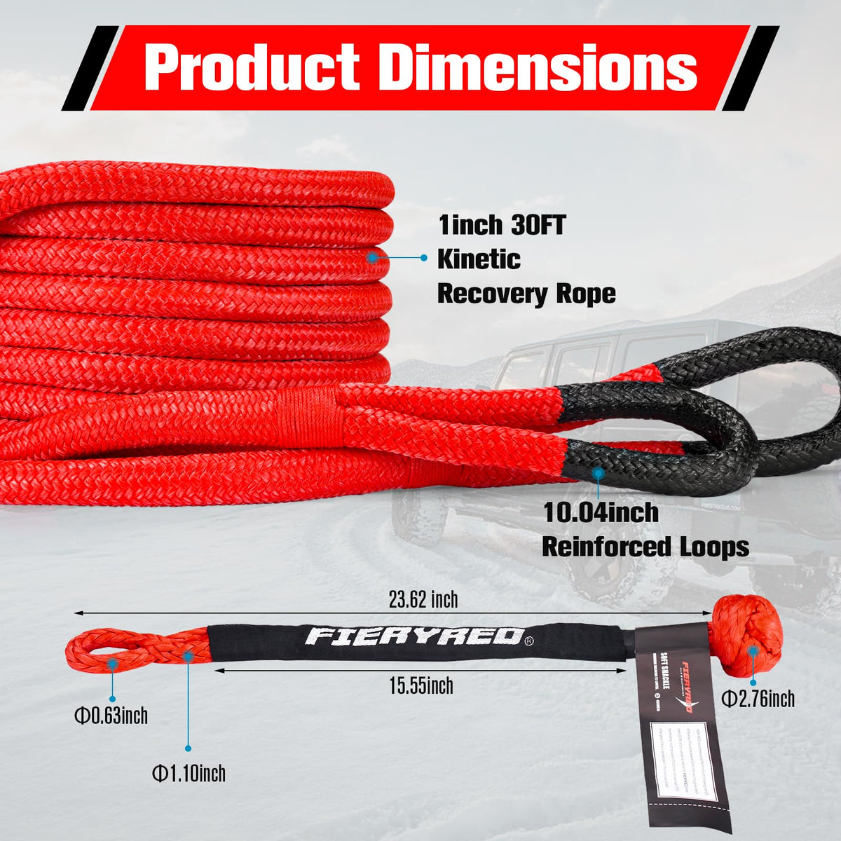 FieryRed Kinetic Recovery Rope Kit with 2 Soft Shackles, 1 Inch x 30 FT Tow Rope,Heavy Duty Offroad Snatch Strap for UTV, ATV, Truck, Car, Jeep, Tractor
