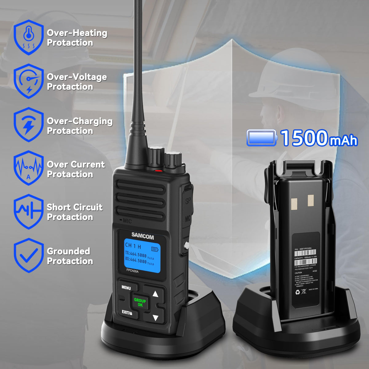 SAMCOM Heavy Duty Walkie Talkies, FPCN30A 5 Watts High Grade Professional Two Way Radio, Group Call Radios with Earpiece, 2 Way Radio Long Range for Business Outdoor Hunting (2 Pack)