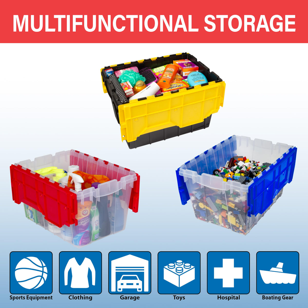 Akro-Mils KeepBox 12 Gallon Storage Container, Nesting and Stackable Plastic Storage Box with Lid Attached, Clear Tote for Garages, Closets, Moving, 21-1/2" x 15" x 12-1/2", Clear/Blue, Pallet of 48