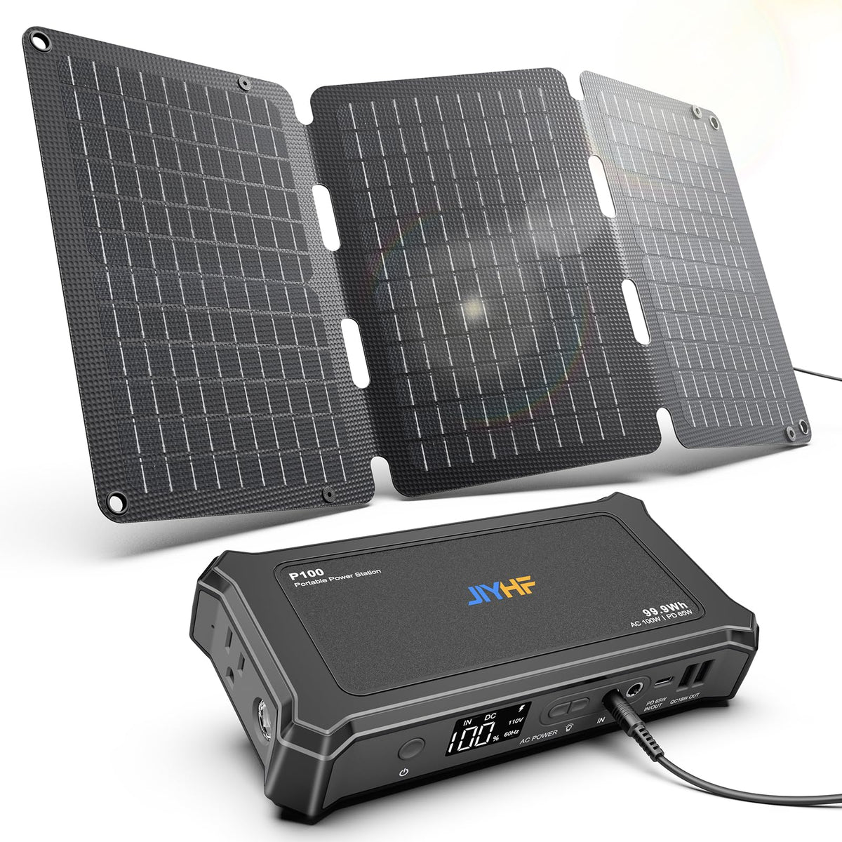 JIYHF Portable Power Station with 30W Foldable Solar Panel - 99.9Wh Backup Battery, 100W AC & 65W USB-C PD Fast Charging Ideal for Outdoor Work, Compatible with iPhone16 Series, iPad, MacBook, Laptop