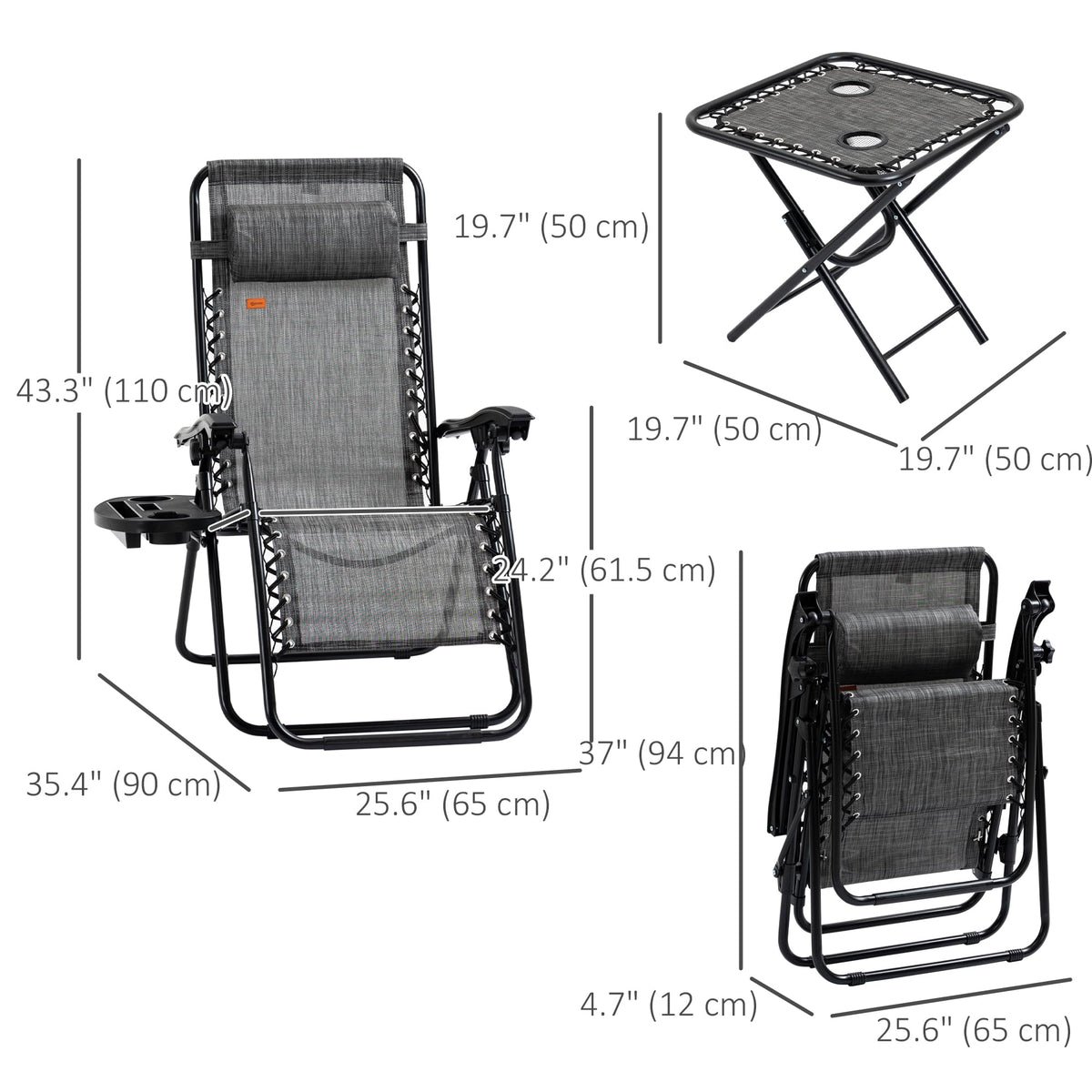 Outsunny Zero Gravity Chair Set with Side Table, Folding Reclining Chair with Cupholders & Pillows, Adjustable Lounge Chairs for Pool, Backyard, Lawn, Beach, Gray