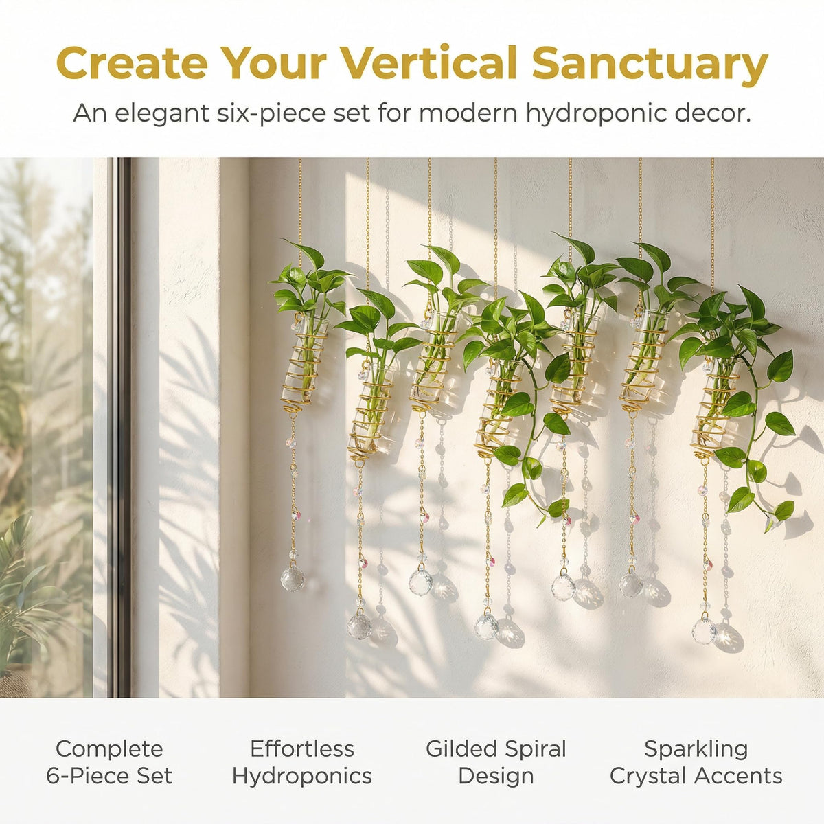 H&D HYALINE & DORA 6 Pcs Hanging Propagation Station with Crystal Ball Prisms Suncatcher and Cleaning Brush, Glass Wall Vases Crystals Prism Hanging Decor for Windows Home Wedding Decoration(Golden)