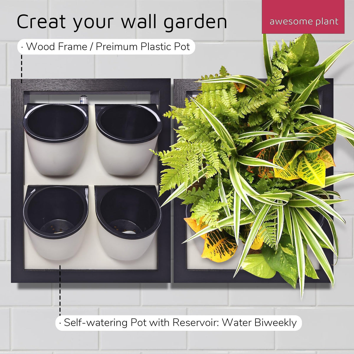 Awesome Plant Wall Garden 4 Vertical Wall Planter, 4 Pots Wood Frame Self Watering Living Planter for Home Office Decor, Wall-Mounted Planter for Indoor Houseplants (Black)