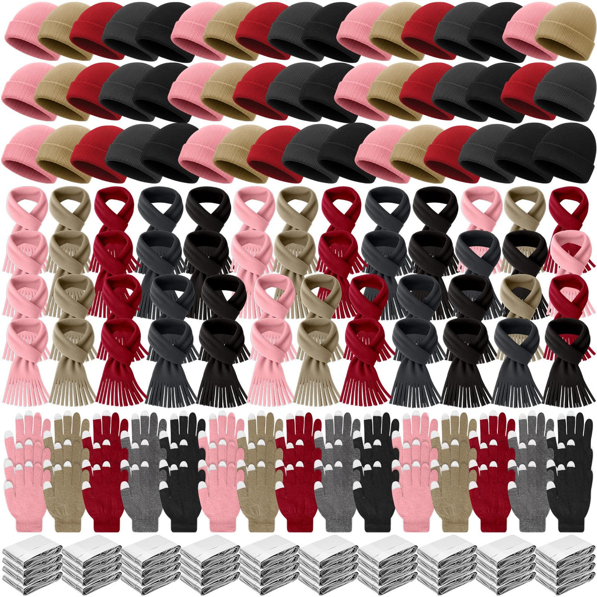 Suhine 200 Pcs 200/320 Pcs Winter Beanies Hat Glove Scarf Emergency Blanket Bulk Warm Homeless Care Package Supplies for Women Men (Soft Colors)