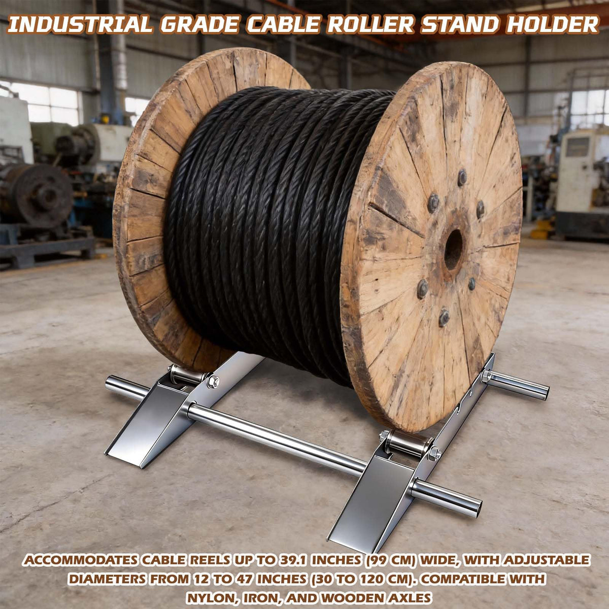 Hot-dip Galvanized Cable Drum Roller, Heavy Duty Reel Dispenser, Industrial Grade Cable Roller Stand Holder, Double Rail Drum Unwinder for Reels up to 39" Width, 2-Ton Capacity Steel Wire Dispenser