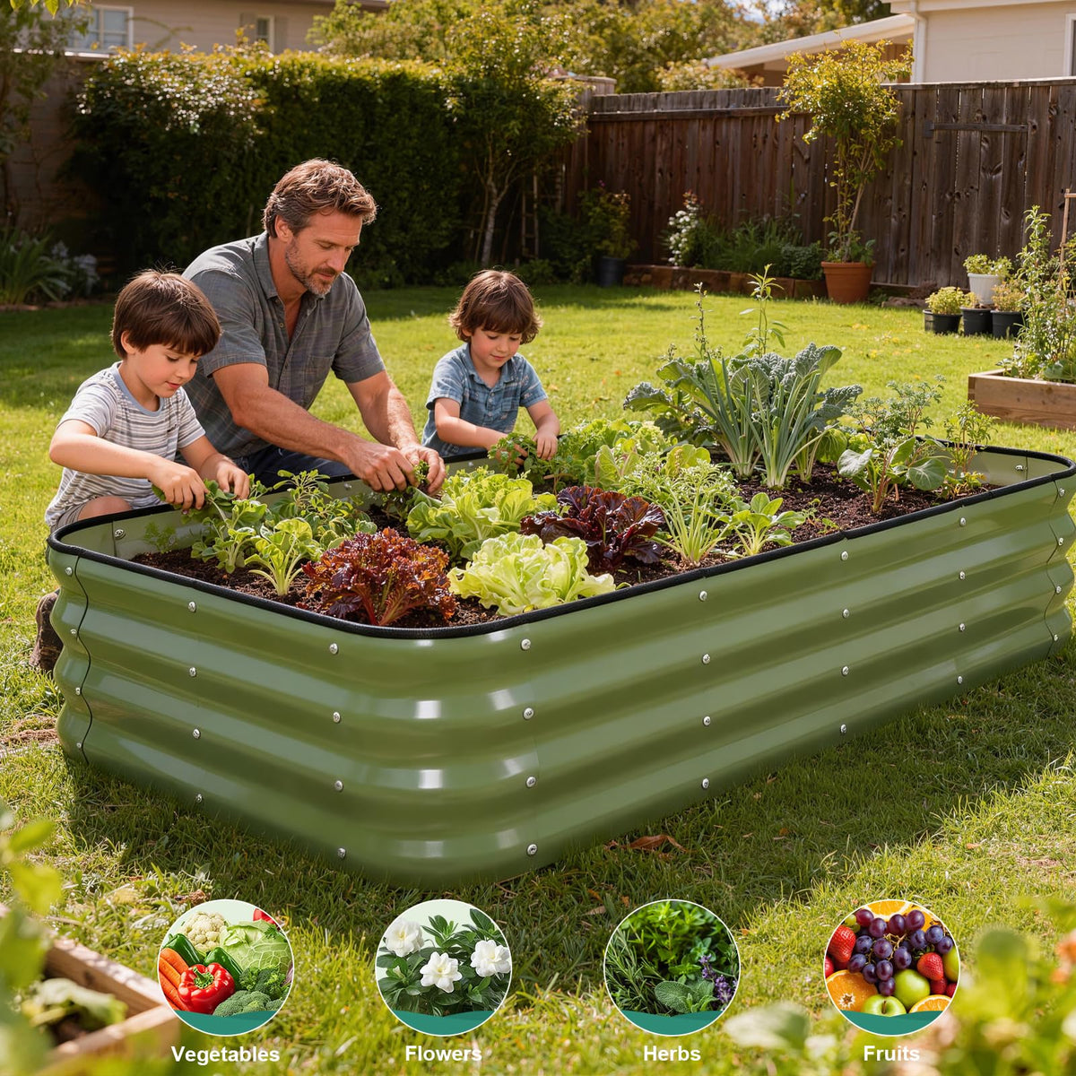 BIRDSINYARD 4 in 1Galvanized Raised Garden Bed - 5x3x1ft Modular Garden Planter Bed Outdoor | Steel Raised Bed Kit with Bracing Rods, Gloves for Gardening Vegetables Fruits and Flowers (Green)