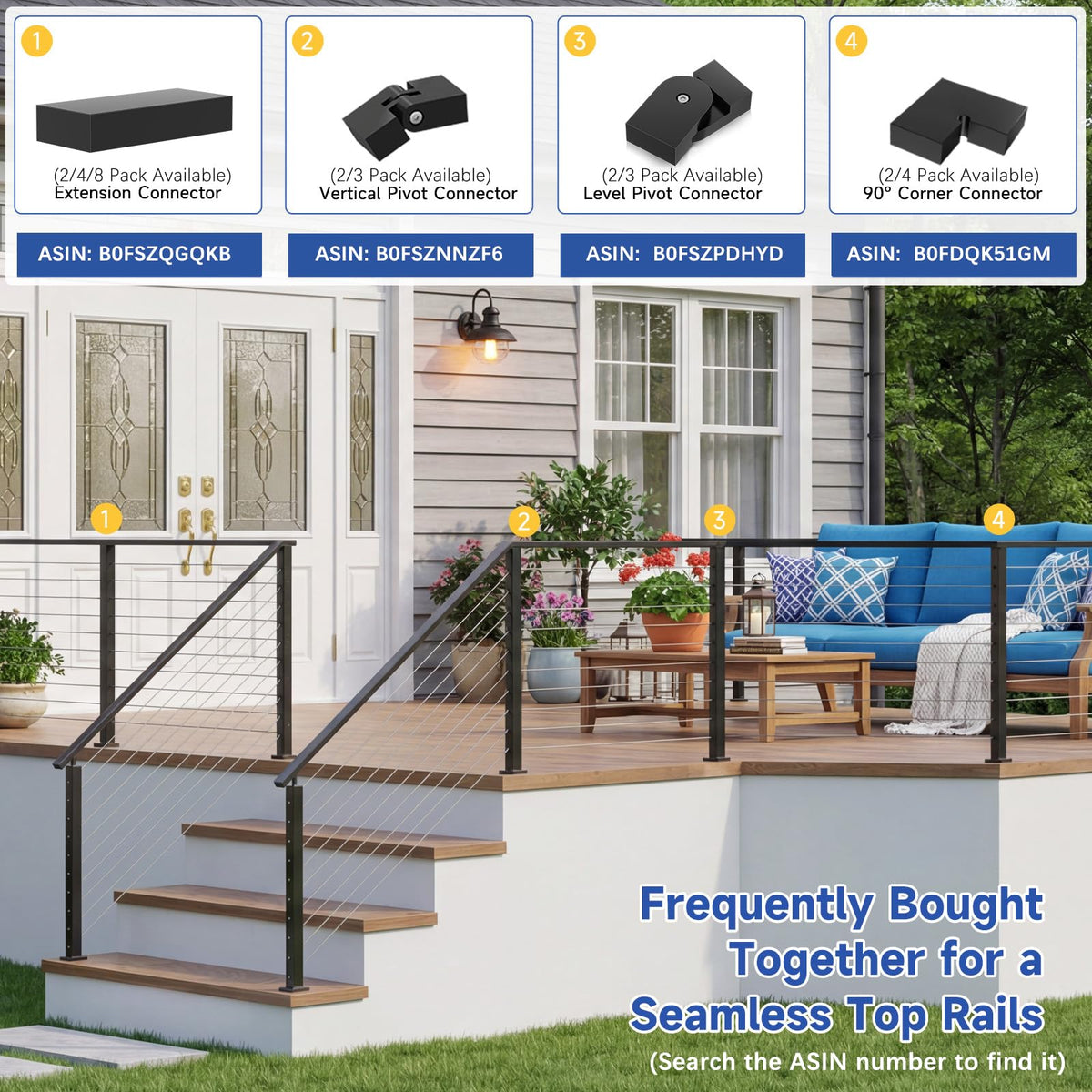 Zylorix 3Pack 6'6" Stainless Steel T304 Black Handrail for Cable Railing with Nylon End Cap Extension Connectors, 2.36" W x 1.18" H Cuttable Flat Handrail Rectangular Top Rail for Indoor Outdoor