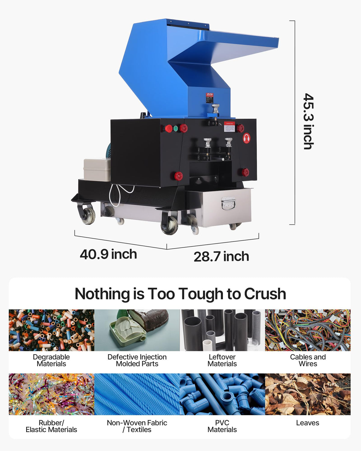 VEVOR Plastic Shredder Crusher, 7.5HP/5.5KW Plastic Grinder Granulator, 200-300kg/h Capacity Pulverizer Recycling Machine with Wheels, SDK-11 Blade & 8mm Mesh for PVC PTFE (220V 60Hz 3-Phase)