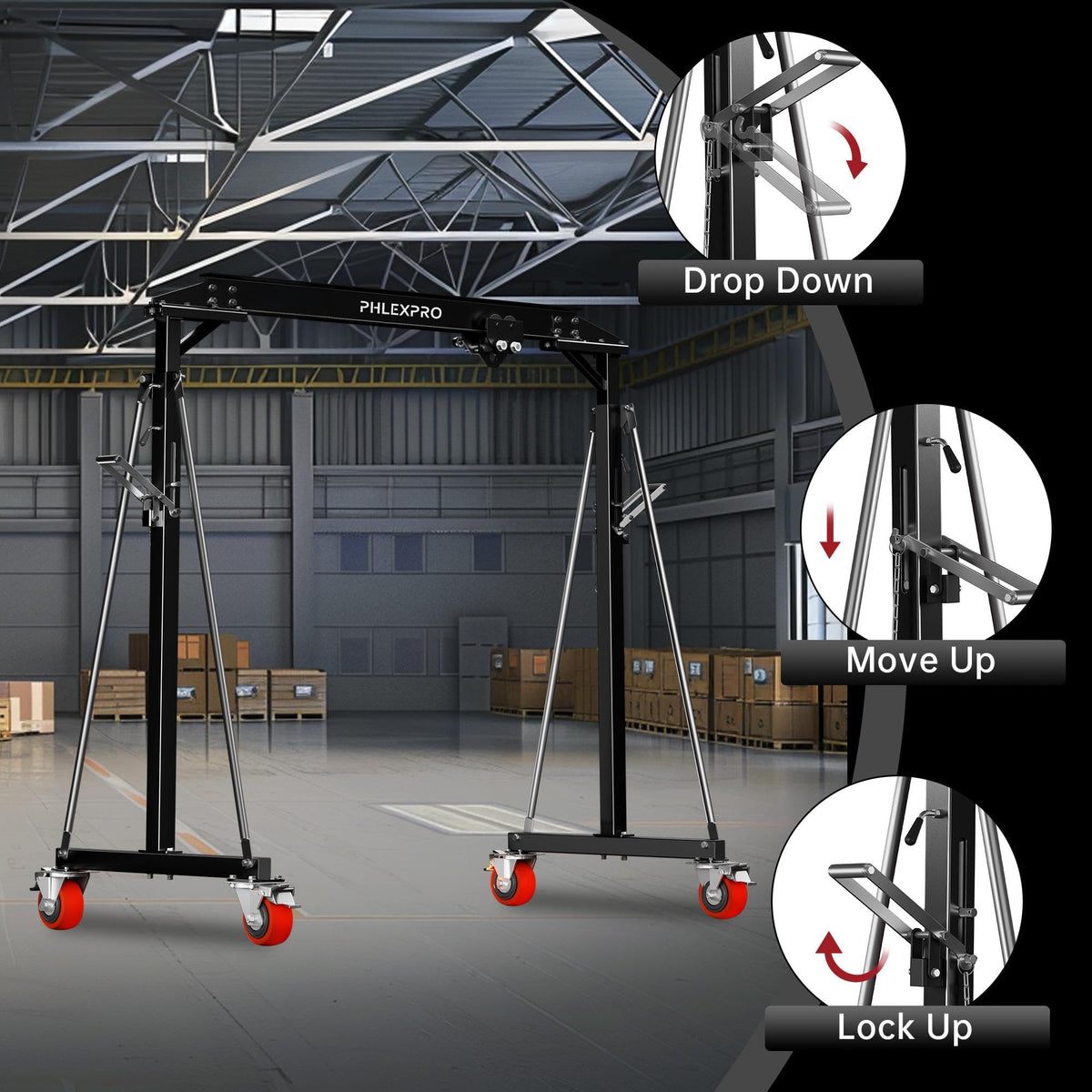 1 Ton Gantry Crane - MAX3000Lbs Portable Hoist Frame with Steel I-Beam Construction, Adjustable Height 8.57-12.50ft, Lifting Gantry for Factories, Garage, Auto Repair, Construction Site, Black