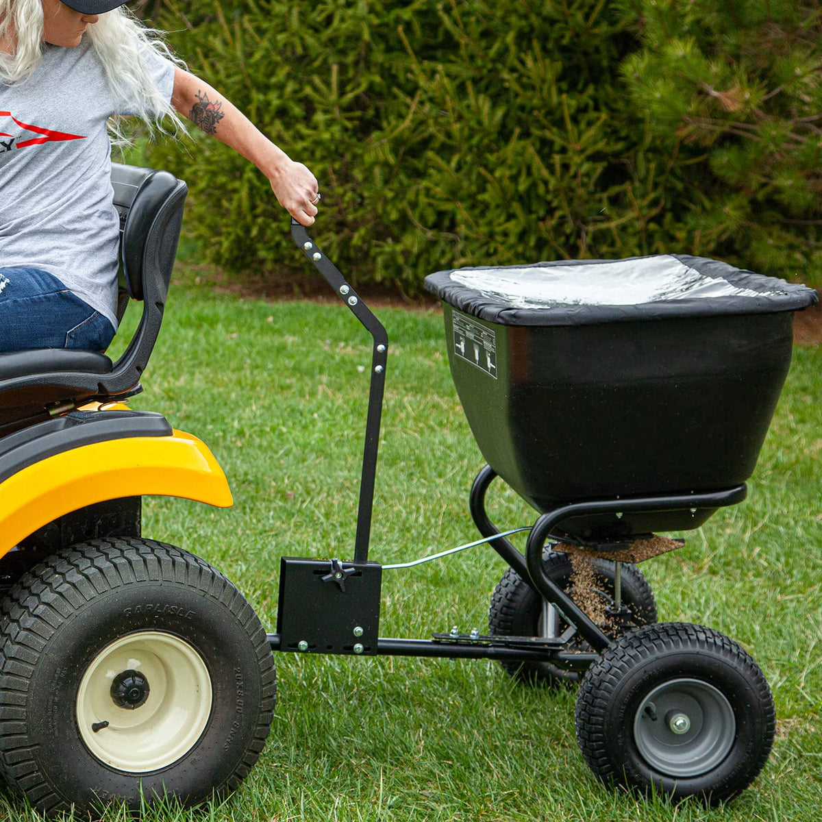 Brinly BS361BH-A Deluxe Tow Behind Broadcast Spreader with Extended Easy-Reach Handle and Weatherproof Cover, 175 lb.