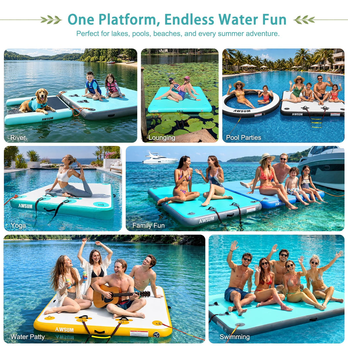 AWSUM Inflatable Floating Dock Air Dock Platform, 6ft x 5ft Floating Island Raft with Non-Slip Surface for Lake Pool Beach Ocean