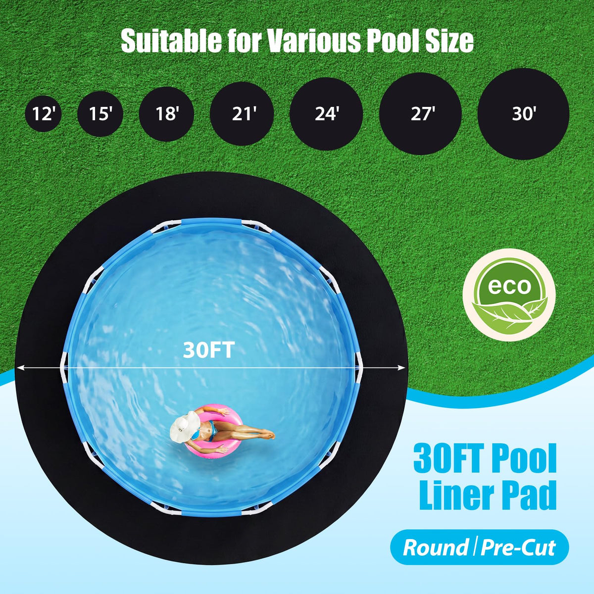 Winnergo 30 FT Round Pool Liner Pad for Above Ground Pools, Durable Pool Mat with Geotextile Material for Pool Bottom Strong Eco-Friendly Padding Under Pool Pad Protection,Prevents Punctures,Black