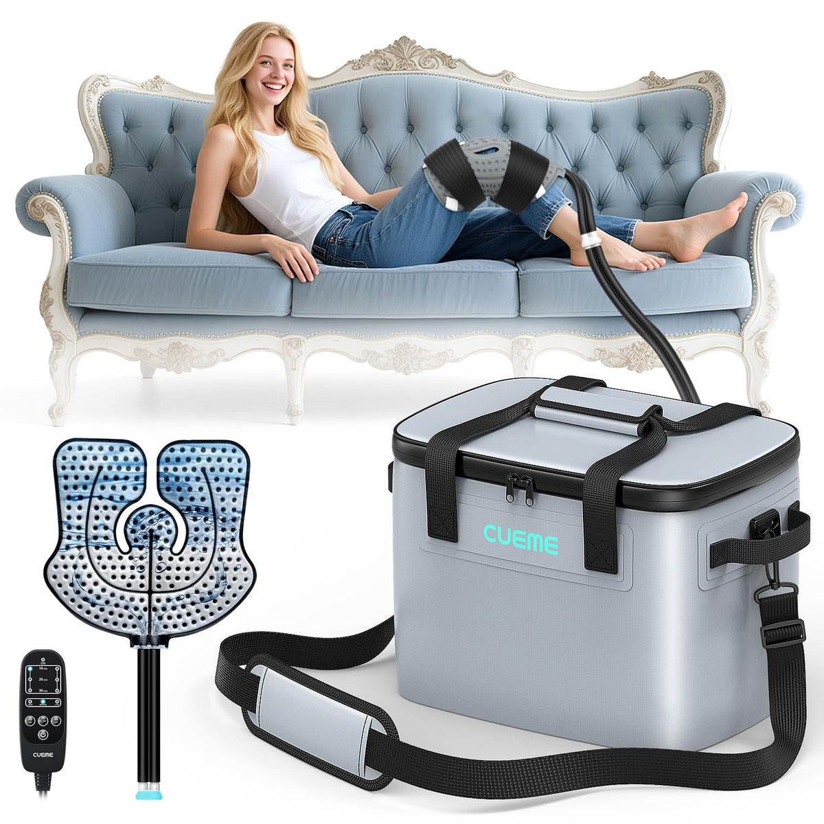 CUEME 20 QT Ice Machine for Knee After Surgery, Programmable Timer Cold Therapy Machine, Knee Replacement Recovery System, Cryotherapy Pain Relief Pad for Shoulder, Hip, Ankle & Foot