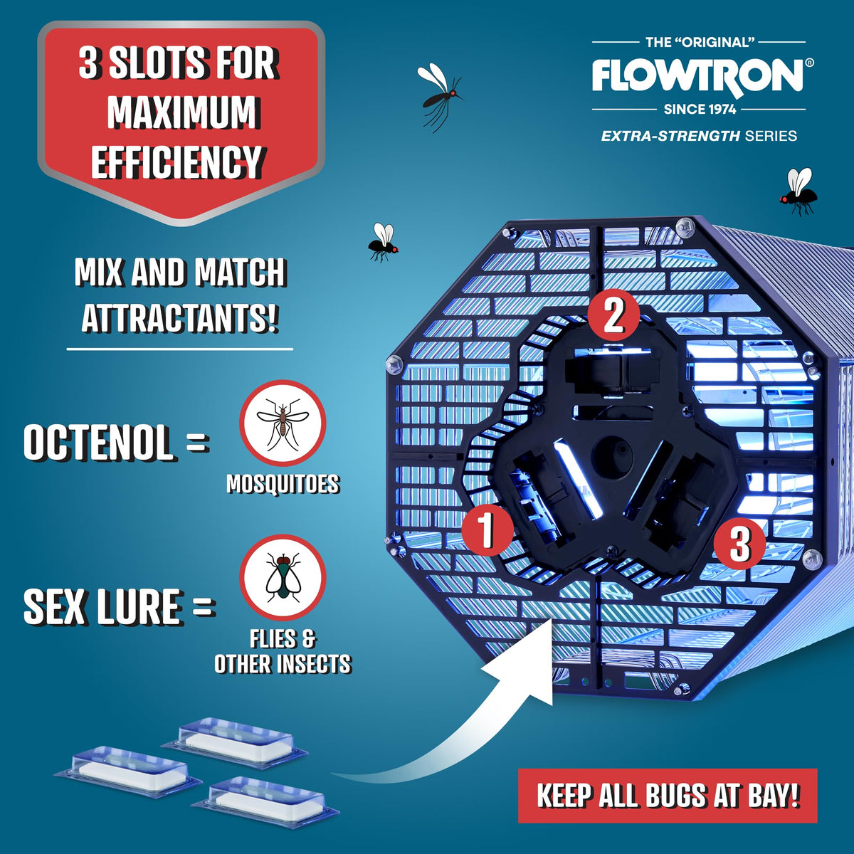 Flowtron Indoor/Outdoor Fly Control, 2000 sq.ft Indoor & 2 Acre Outdoor Insect Control with Dual Lure Method, 120W UV Light & Fly Sex Lure/Octenol for Flies and Mosquitoes, UL Certified