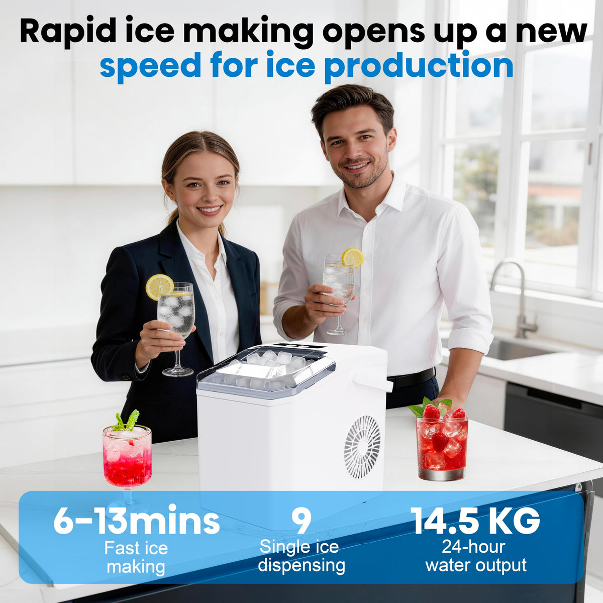 Countertop Ice Maker Machine with Portable Handle, Basket and Scoop, 26lbs Daily, 9 Ice Cubes Ready in 6 Mins, Auto-Cleaning for Home, Kitchen, Office, Outdoors, RV Camping.