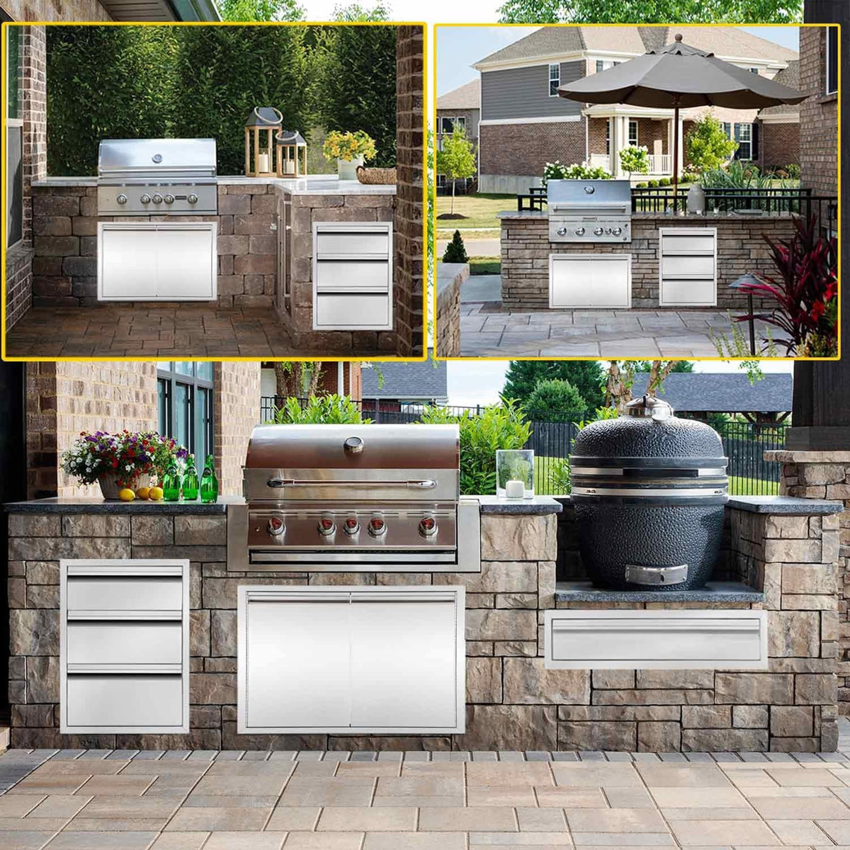 Outdoor Kitchen Drawers, 18" W x 24" H x 23" D Outdoor Kitchen Drawers Stainless Steel, Flush Mount Access 3 Drawer for Outdoor Kitchen Island