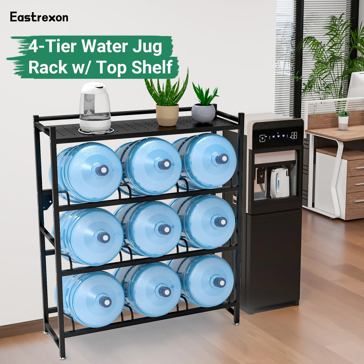 Eastrexon 5 Gallon Water Jug Holder Heavy Duty，4-Tier Water Jug Rack w/Top Shelf, Wall Mount Water Bottle Holder for 9 Bottles, Powder Coated Water Rack Stand for Home, Office, Restaurant, Gym.