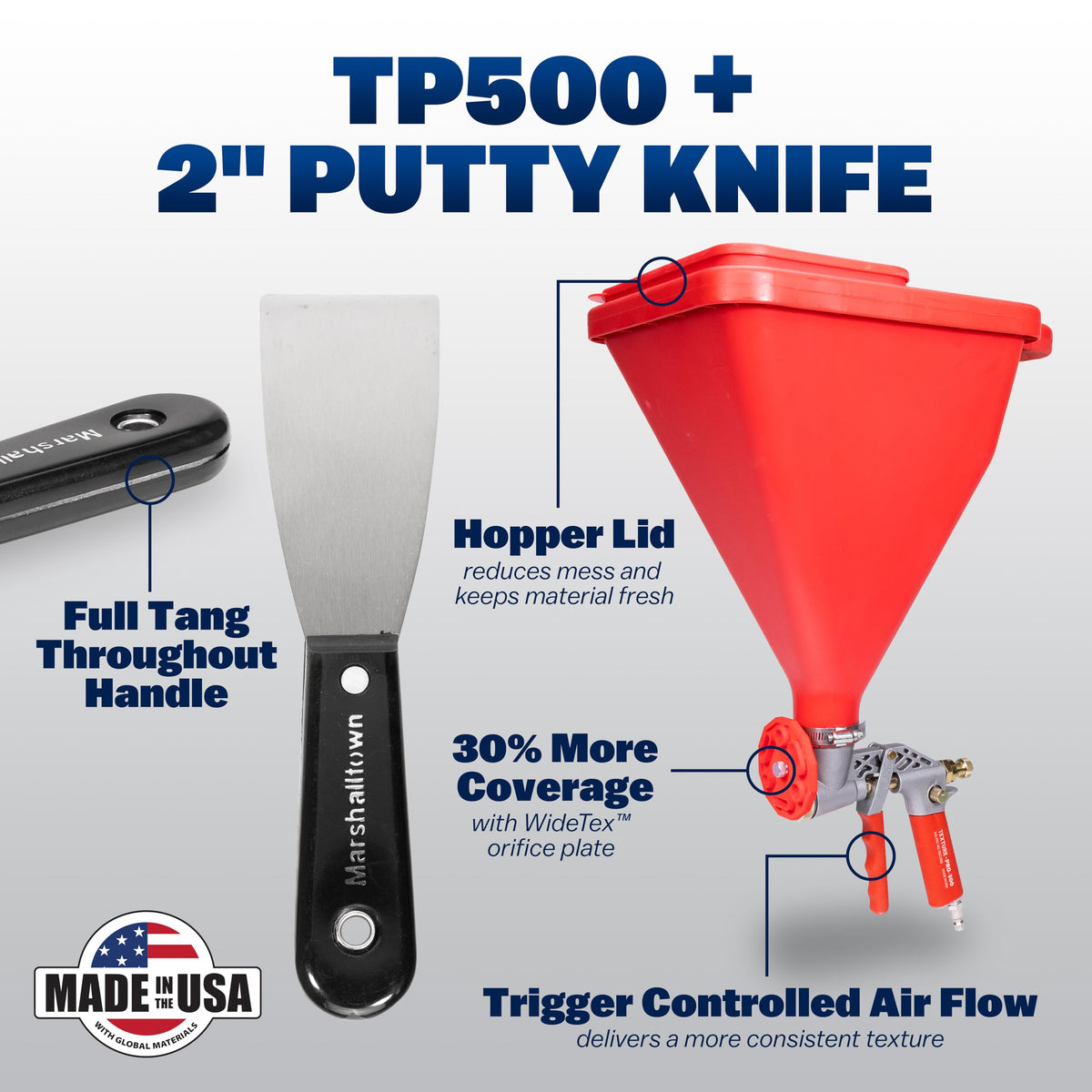 WAL-Board Tools Texture Pro 500 Hopper Gun with Putty Knife, USA Made, Complete Kit for Wall and Ceiling Texturing, with Air Control Valve, TP500
