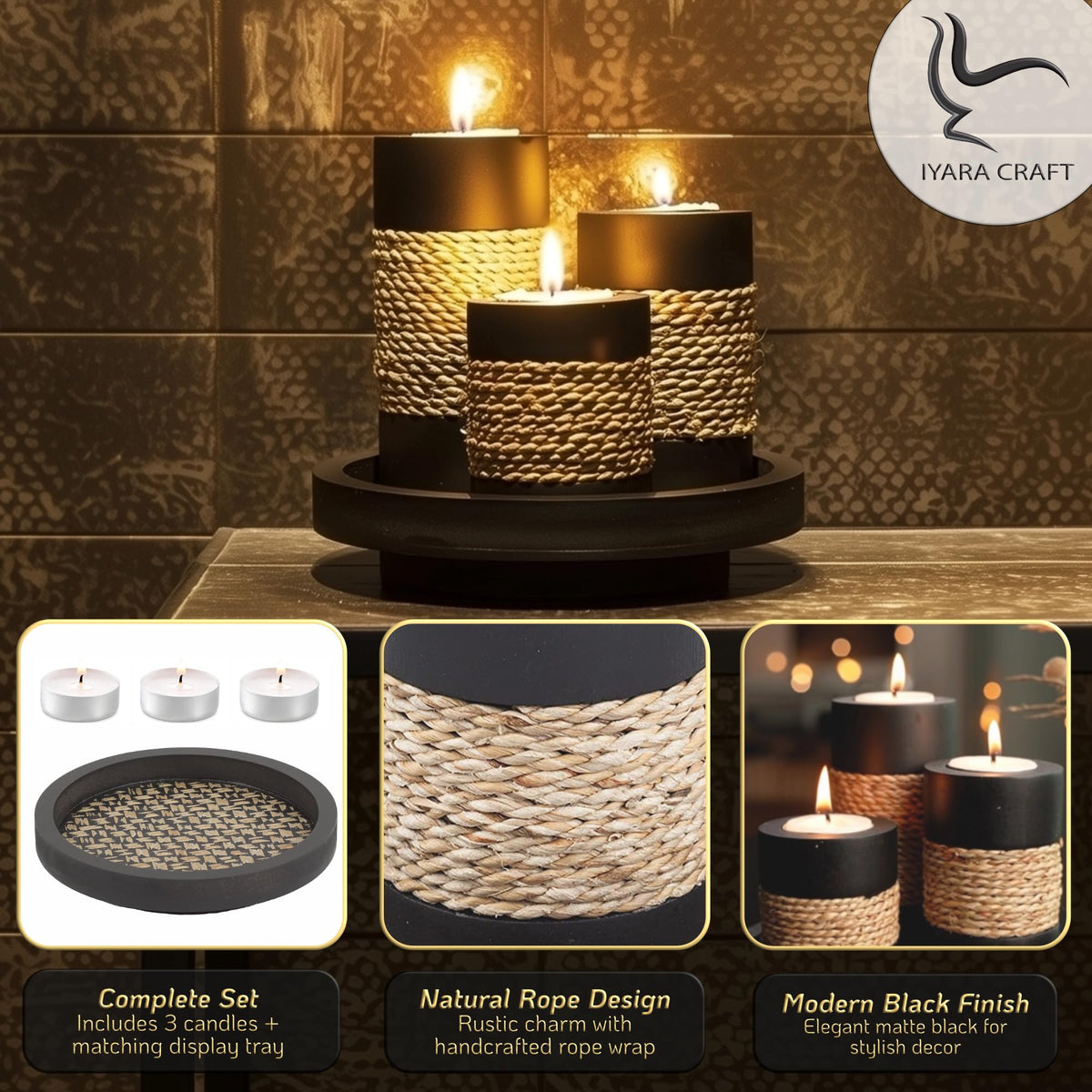 IYARA CRAFT Tealight Candle Holders with Tray – Set of 3 Rustic Black Wooden Candle Holders with Natural Rope Accent, Cozy Centerpiece for Romantic Dinner Table Decor, Anniversary & Housewarming Gifts