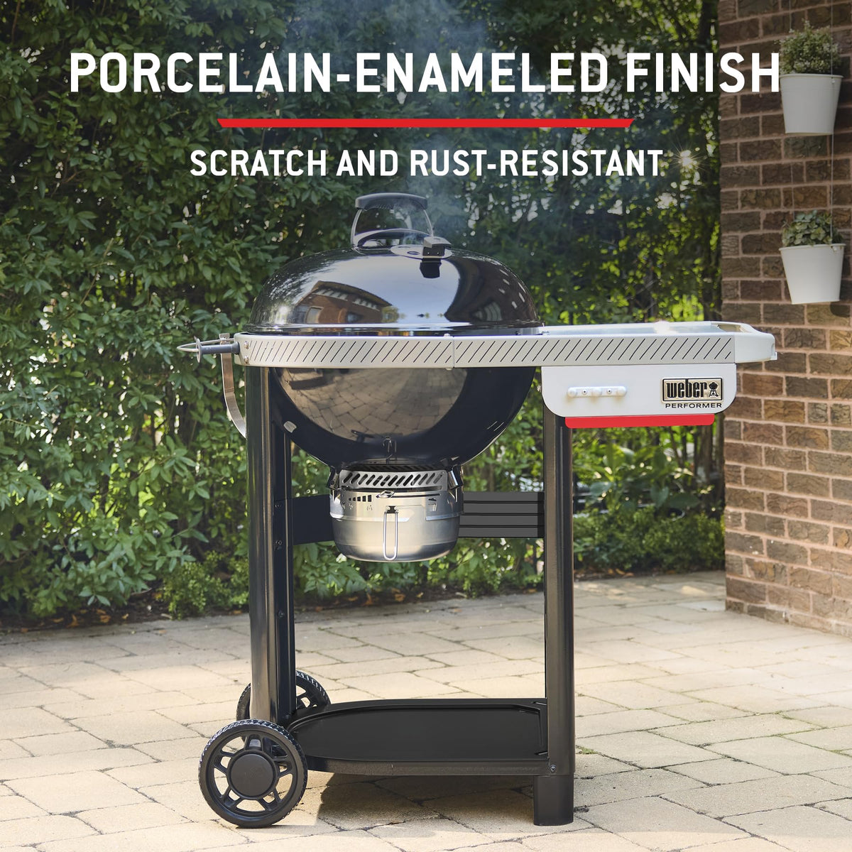Weber Performer™ 22‑Inch Charcoal Grill for Outdoor Cooking – Black, Porcelain-Enameled Finish, Temperature Control Dampers & Prep Table, Kettle