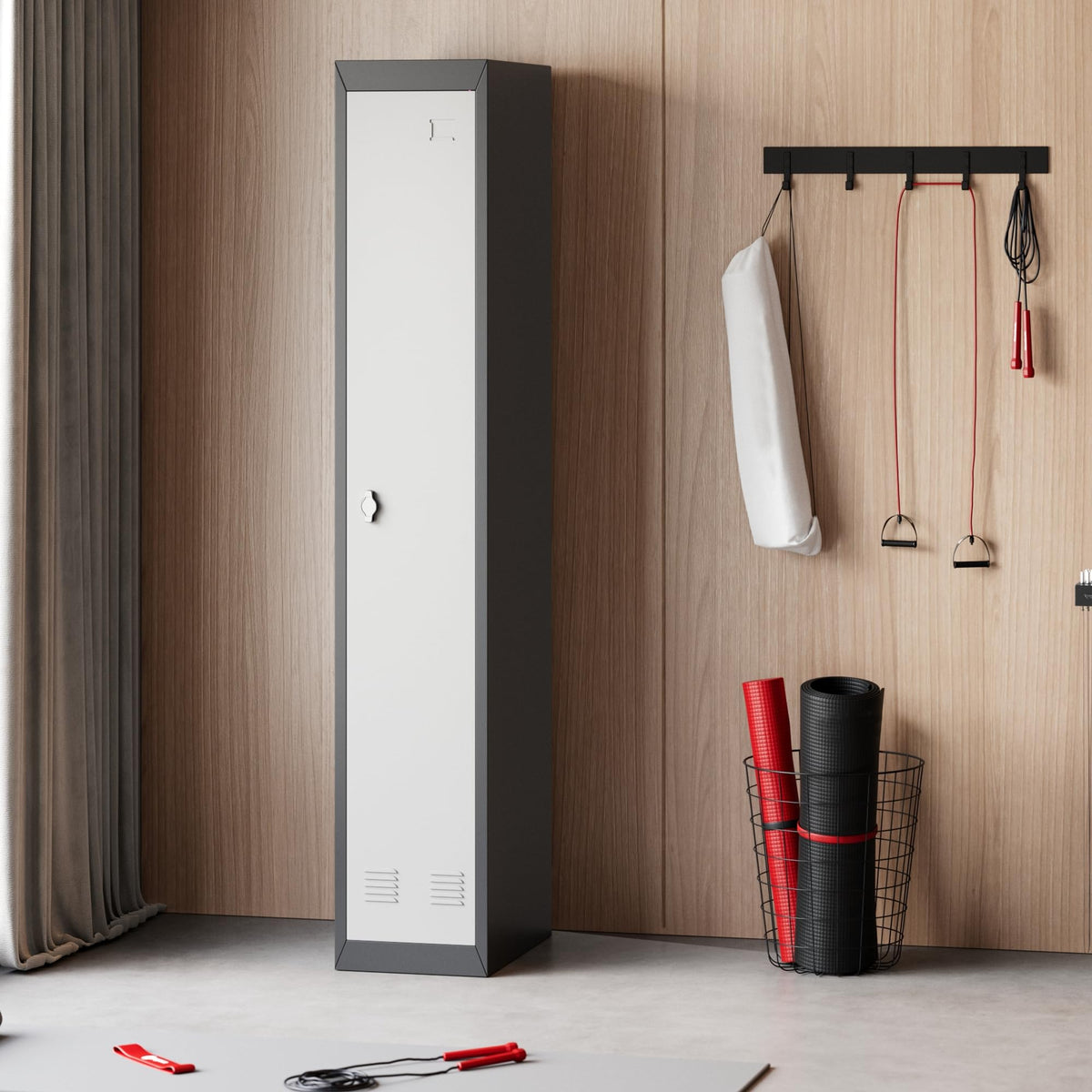 Narrow Metal Locker, 72 Inch Metals Broom Storage Cabinet with Shelves, Lockable Cabinets Doors & Keys Tall Brooms Suitable for School, Office, Home, Staff and Students Storage(Black & Grey)