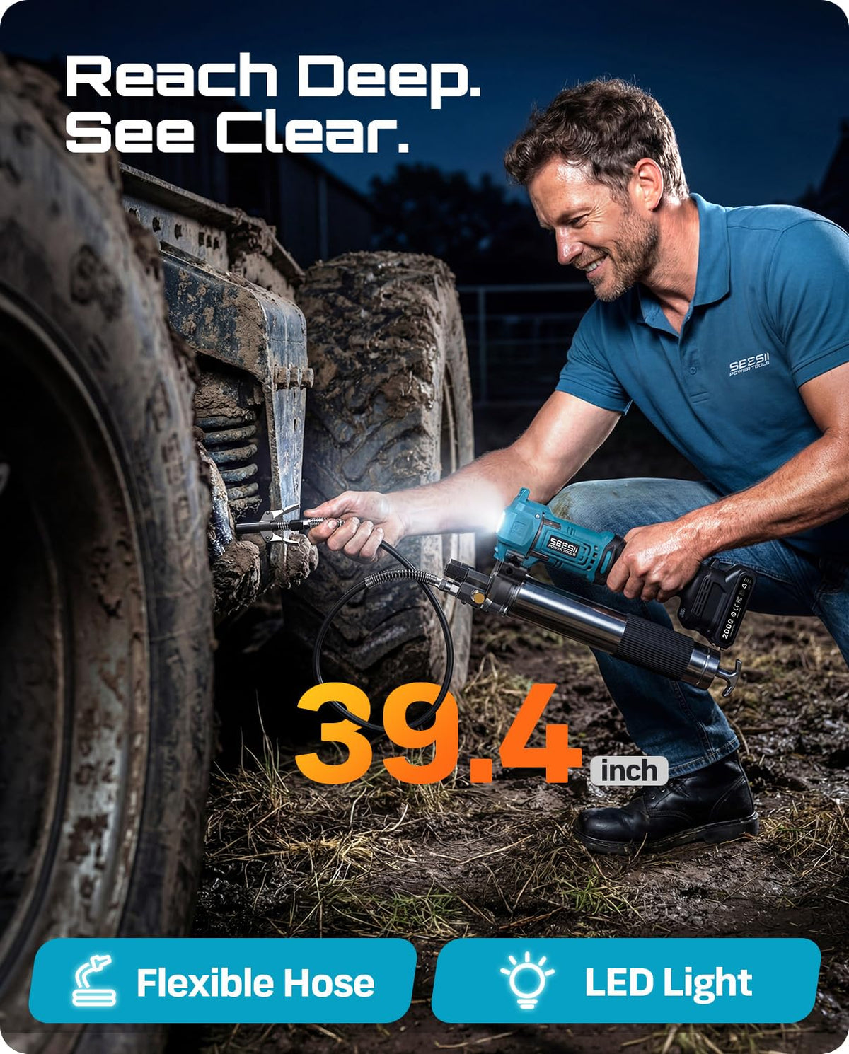 Seesii Electric Cordless Battery Grease Gun -10000 PSI with Quick-Release Coupler, 6.4 oz/min, 39.4" Flex Hose & 2 Batteries, Grease Guns for Truck, Car, Tractor,2026 Upgraded