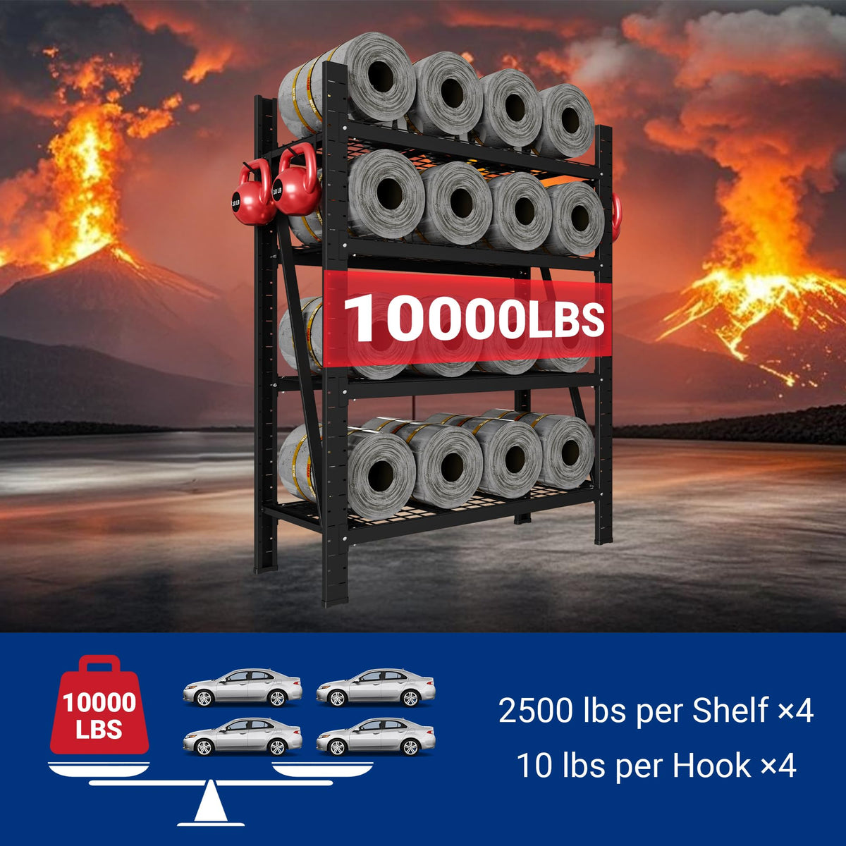 FLEXIMOUNTS Garage Shelving Heavy Duty, 49.6" W 4-Tier 10000LBS Industrial Shelving Unit with 4 Hooks, Adjustable Storage Shelves for Garage, Basement, Warehouse, 71" H x 49.6" W x 23.6" D