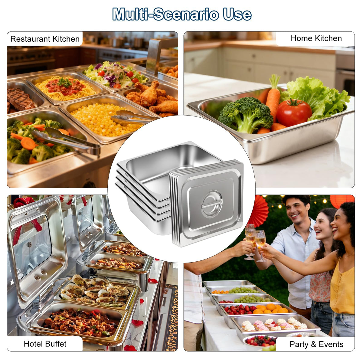Botyboty 4 Pack 1/2 Half Size Hotel Pans 4 Inch Deep with Lids, Stainless Steel Steam Table Pan Half Size with Lids, Commercial Food Pans for Hotel, Home, Restaurant, Catering, Buffet Pan