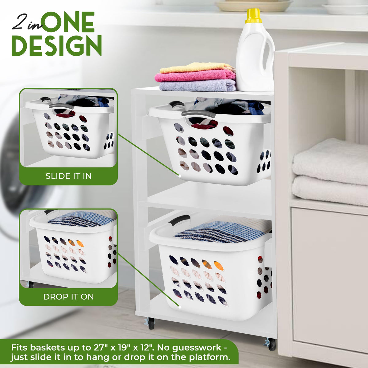 Laundry Basket Holder Shelf – Stackable Engineered Wood Laundry Tower with Wheels, Tiered Laundry Hamper Organizer for Bathroom, Bedroom, Closet (White, 2 Tier)