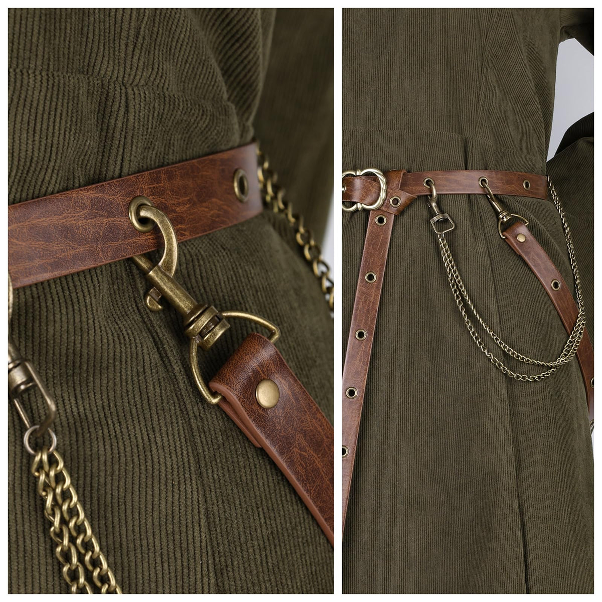 HiiFeuer Medieval DIY Faux Leather Metal Chain Belt, Vintage Adjustable Thin Belt For Women, Retro Skinny Belt For Dresses (Brown B)