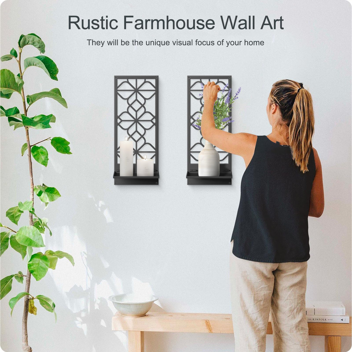 Black Metal Wall Art Decor, Minimalist Retro Line Wall Candle Holder Set of 2, for Living Room, Dining Room, Bedroom, Bathroom (16.5 x 7 in)