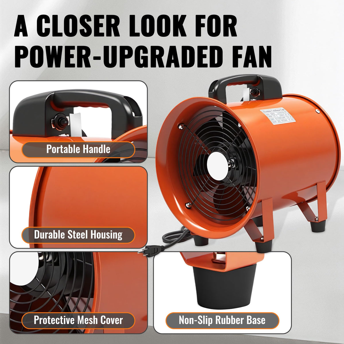 dreamdragon Upgraded 10-Inch Utility Blower Fan, Portable Industrial Exhaust Fan with 33ft Flexible Duct Hose, 3300 RPM Low-Noise Ventilator for Workshops Warehouses and Basements
