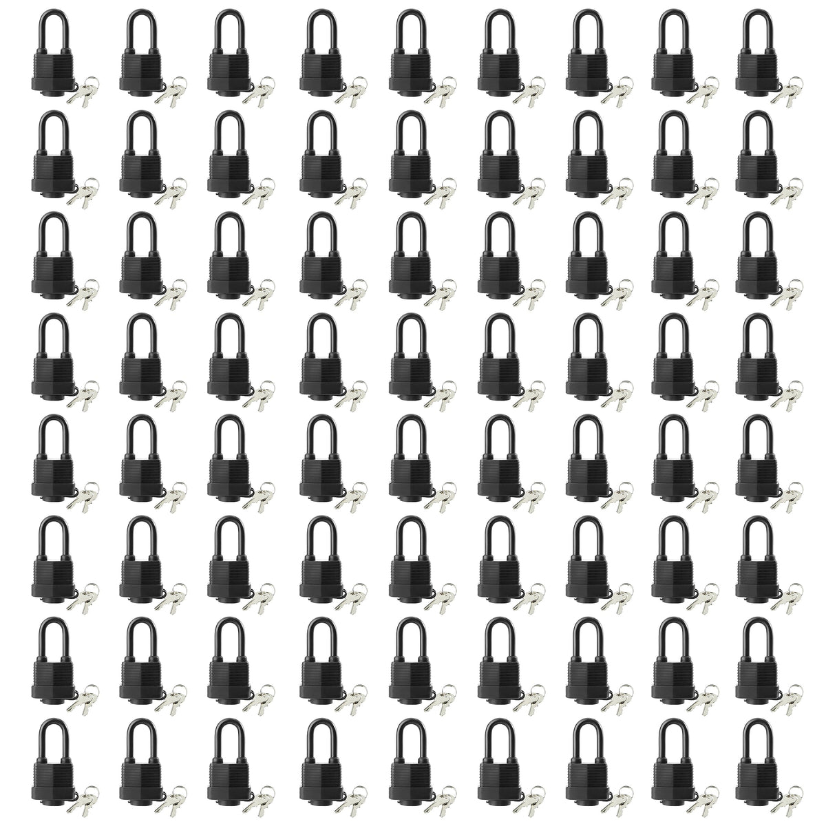 SafiSwords Waterproof Padlocks Keyed Alike for Outdoor use, Covered Heavy Duty Laminated Steel Lock, 1-9/16 Inch. Wide, Long Padlock, Bulk Locks with Same Keys, Pack of 72